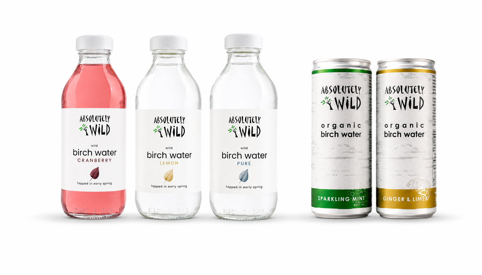 Absolutely Wild organic birch water range in glass bottles and aluminium cans