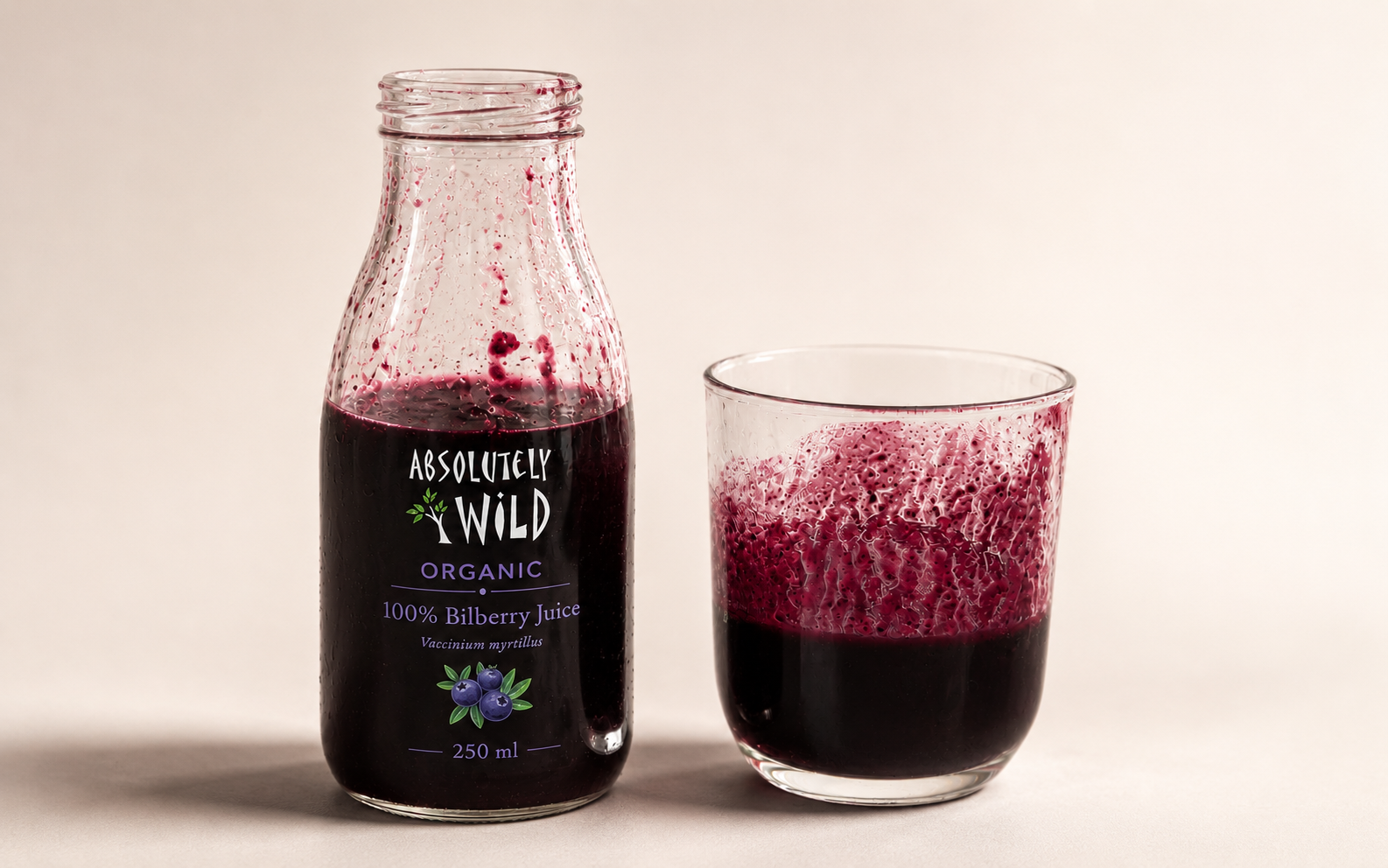 Absolutely Wild Wild Blueberry Juice with pulp showing dense texture and visible body in the glass
